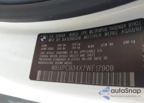 2007 BMW X3 3.0Si z USA, uszkodzony, nr VIN WBXPC934X7WF17909